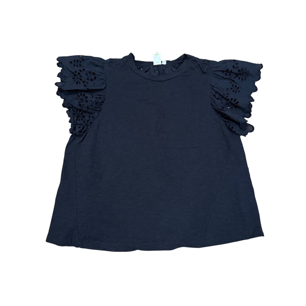 Seen Worn Kept Eugene Black Cotton Eyelet Flutter Sleeve Top Large‎ Scallop Hem